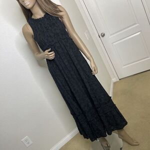 Club Monaco Dress Size 2 Tank Maxi Long Jacquard Woven Black Sleeveless Smocked